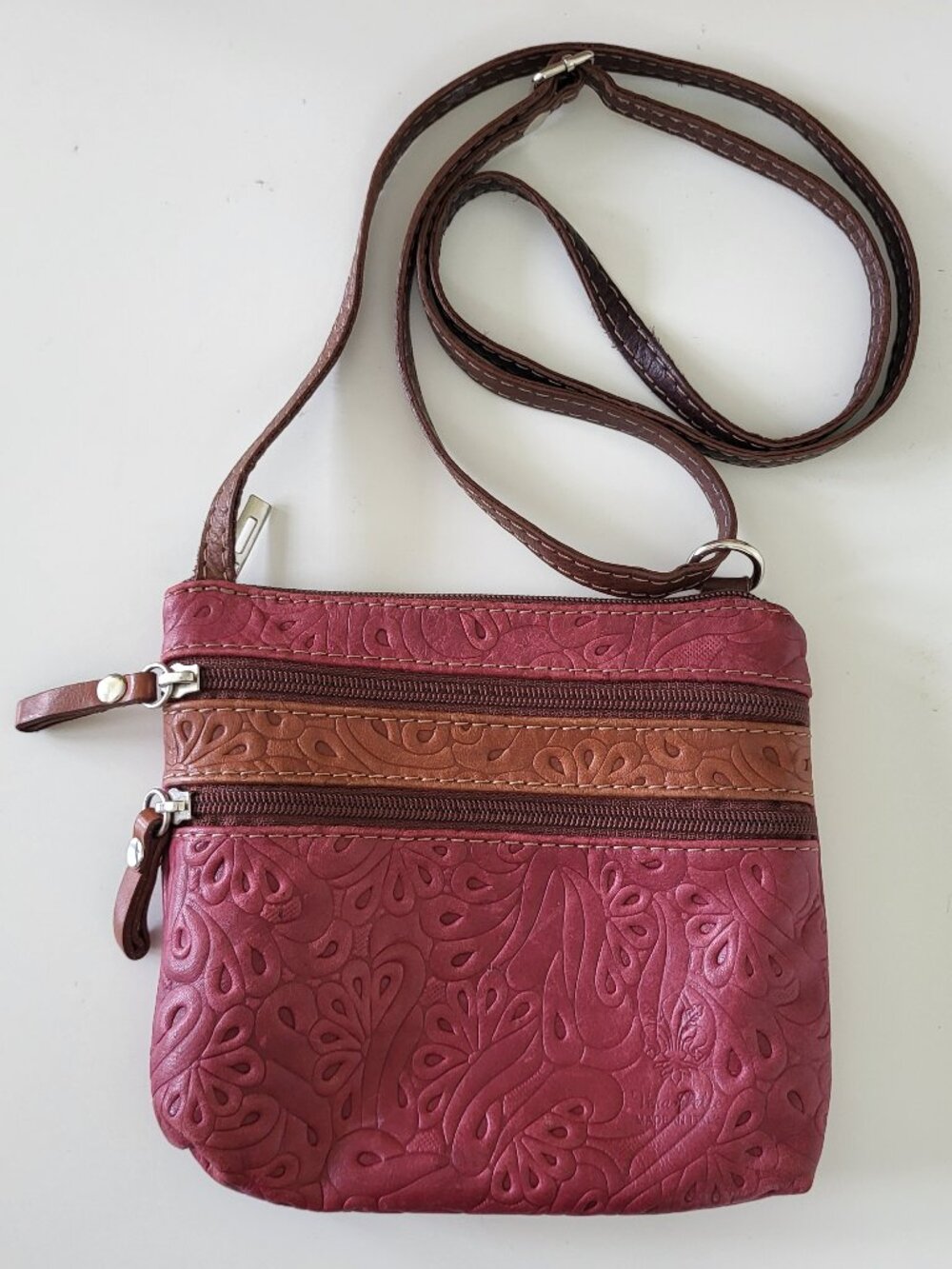Genuine Leather Made In Italy. Borse Vera Pelle Embossed Crossbody Bag Red Brown